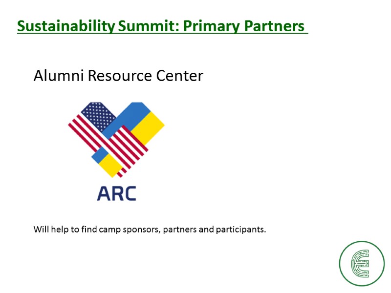 Sustainability Summit: Primary Partners  Alumni Resource Center Will help to find camp sponsors,